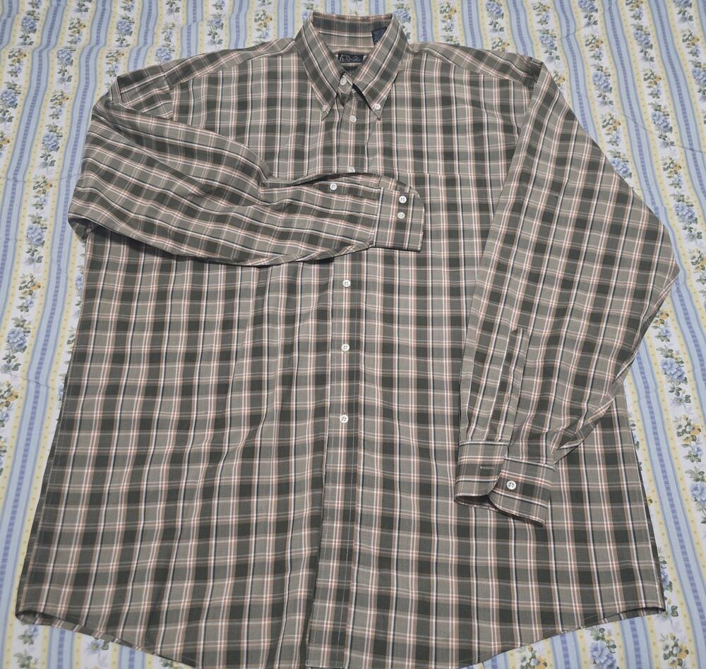 JOS A BANK Travelers Collection Brown Plaid Cotton XL Dress Shirt Button Down